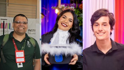 Professor Carlos Santos (IFFar Alegrete) à esquerda, a estudante Laura Duarte ao centro e o estudante Artur Heckler à direita, integrantes do projeto de pesquisa em Inteligência Artificial aplicada à retin.jpg