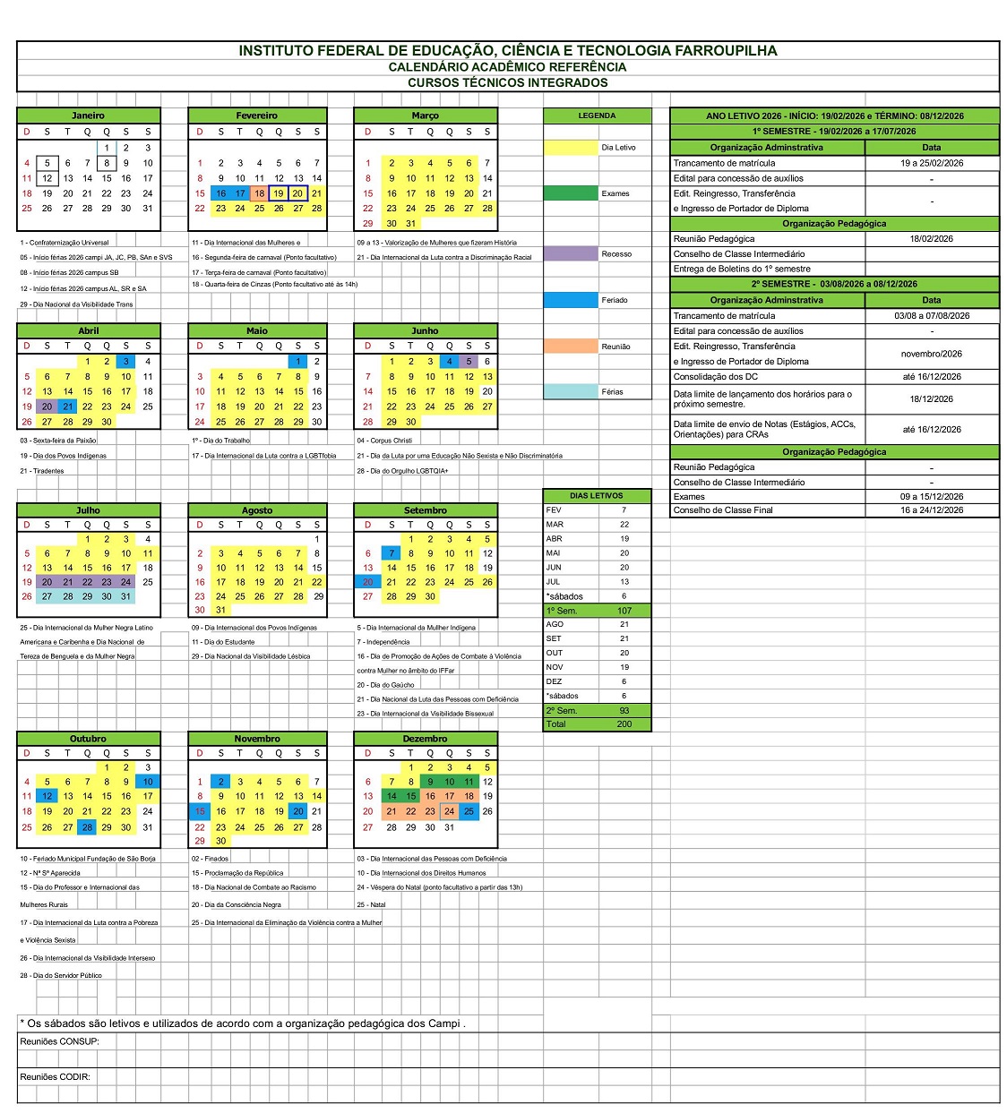 Calendário Letivo 2026 SÃO BORJA Cursos INTEGRADOS