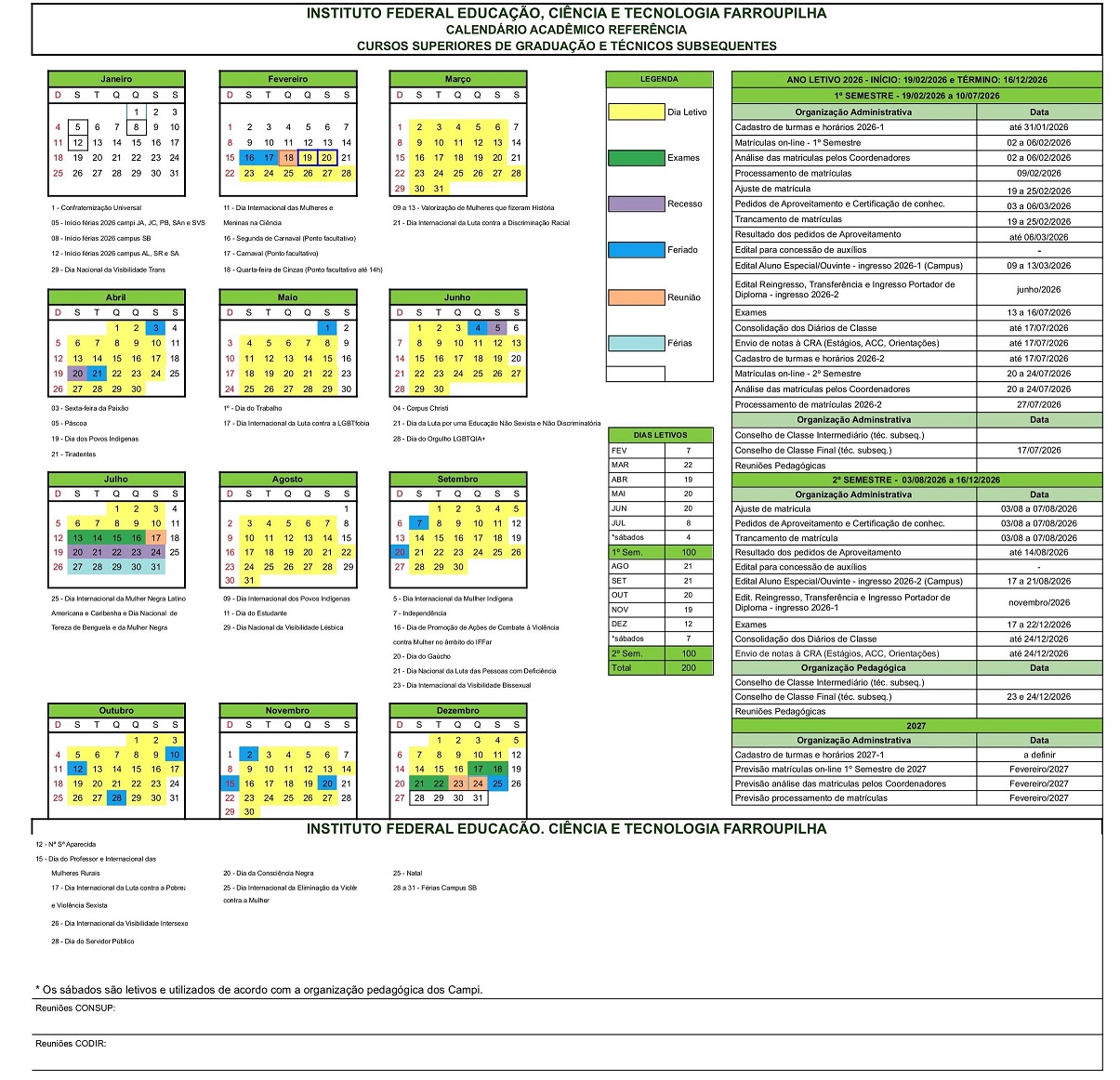 Calendário Letivo 2026 SÃO BORJA Cursos SUPER E SUBS 1