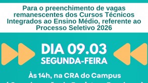 Chamada Oral para preenchimento de vagas remanescentes no cursos técnicos integrados ao ensino médio CHAMADA ORAL 09.03